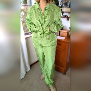 FUDA - 90s vintage NWT Silk track leisure suit - spring green jacquard - XL